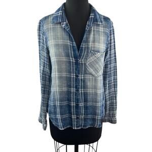 Bella Dahl Blue White Top Cotton Plaid Vintage Wash Collared Button-Up Sz Small